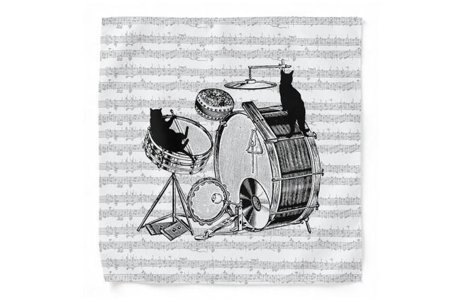 ドラムと黒猫のタオルハンカチ