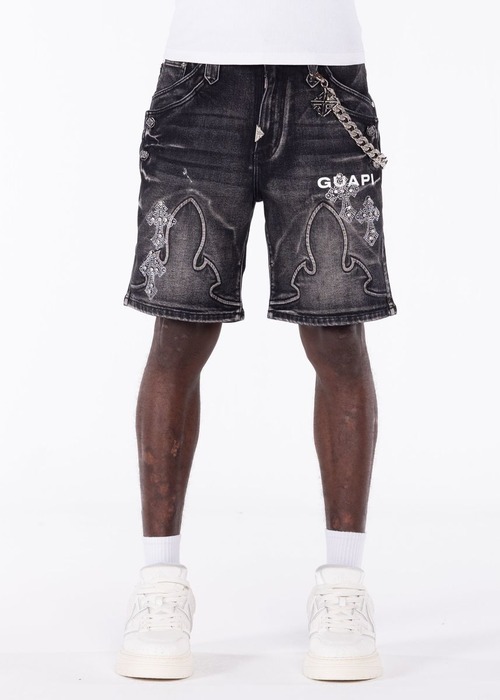 GUAPI / obsidian black faded cross denim shorts