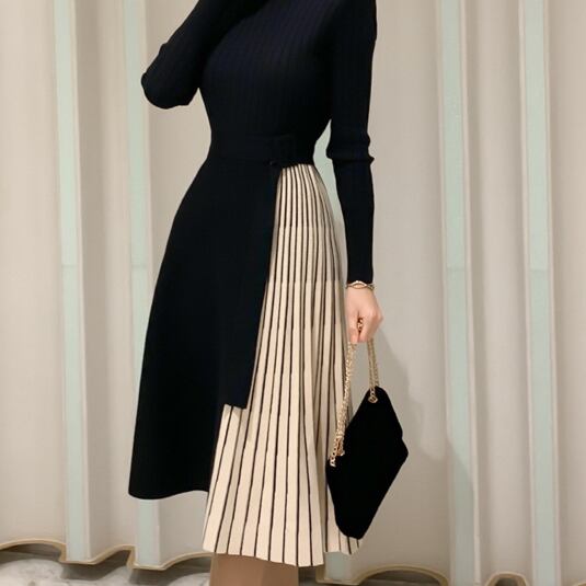 バイカラーワンピース 膝下 袖あり 襟なし セミフレア ニット かわいい 大人可愛い きれいめ シンプル カジュアル 大人 上品 おしゃれ お洒落 かっこいい レトロ 大人可愛い 大人女子 こなれ感 ラブリー キュート ガーリー 個性的 クール セクシー 主役級 存在感 フォーマル バイカラーワンピース 膝下 袖あり 襟なし セミフレア ニット かわいい