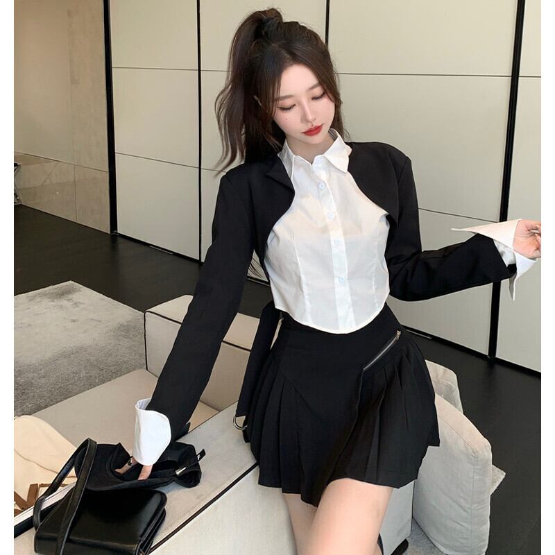 ブラックショートジャケット オータムホワイトシャツ ハイウェストウェストプリーツスカート ロング 秋物 ガールズファッション76155498113