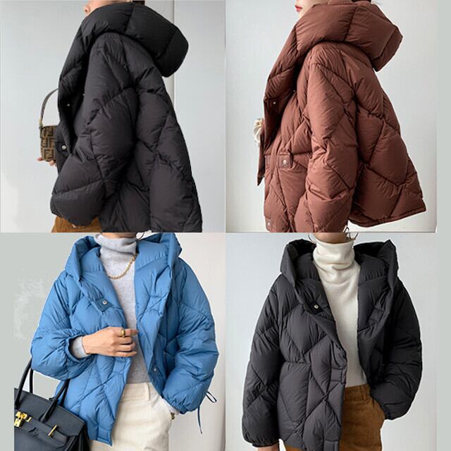 全3色 レディース アウター キルティング ウルトラライトダウン ショート丈 Aライン フード付 ルーズフィット ブラック/ブラウン/ブルー S/M/L