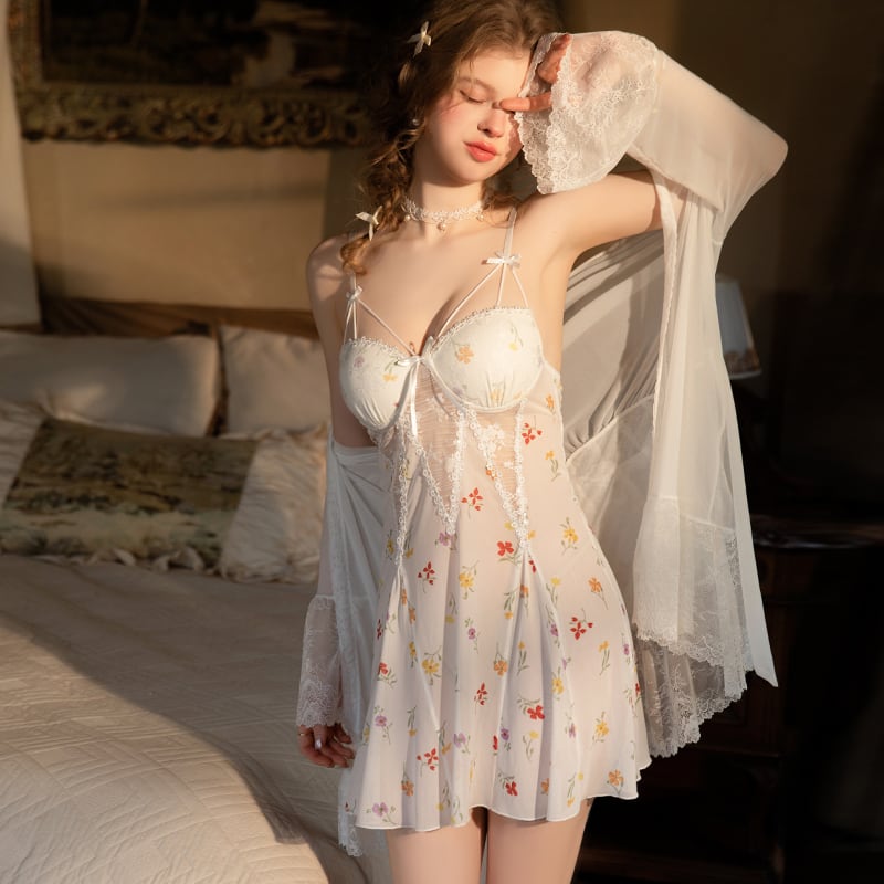 ランジェリー レディー【2点】ス セクシー キャミソール レース 刺繍 フラワー シフォン フレア 透け感 フェミニン ルームウェアDQ2-GR5704
