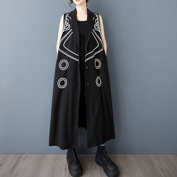 PRINT V-NECK SLEEVELESS A-LINE LONG JACKET 1color M-13463