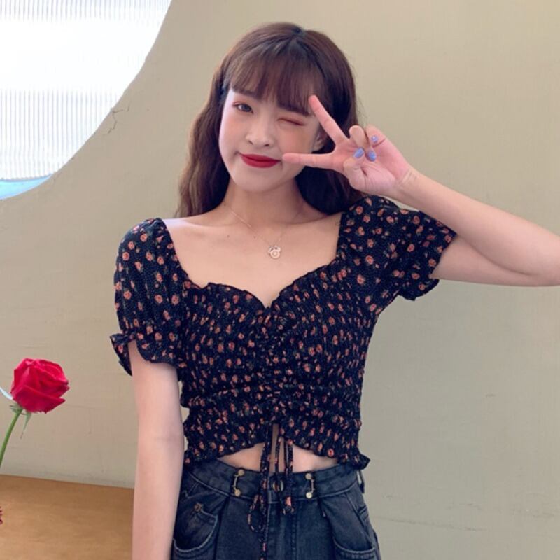 フローラルシャツ サマースリーブスリムクロップドトップス 夏物 花柄 スクウェア ハンチェンe80661886015