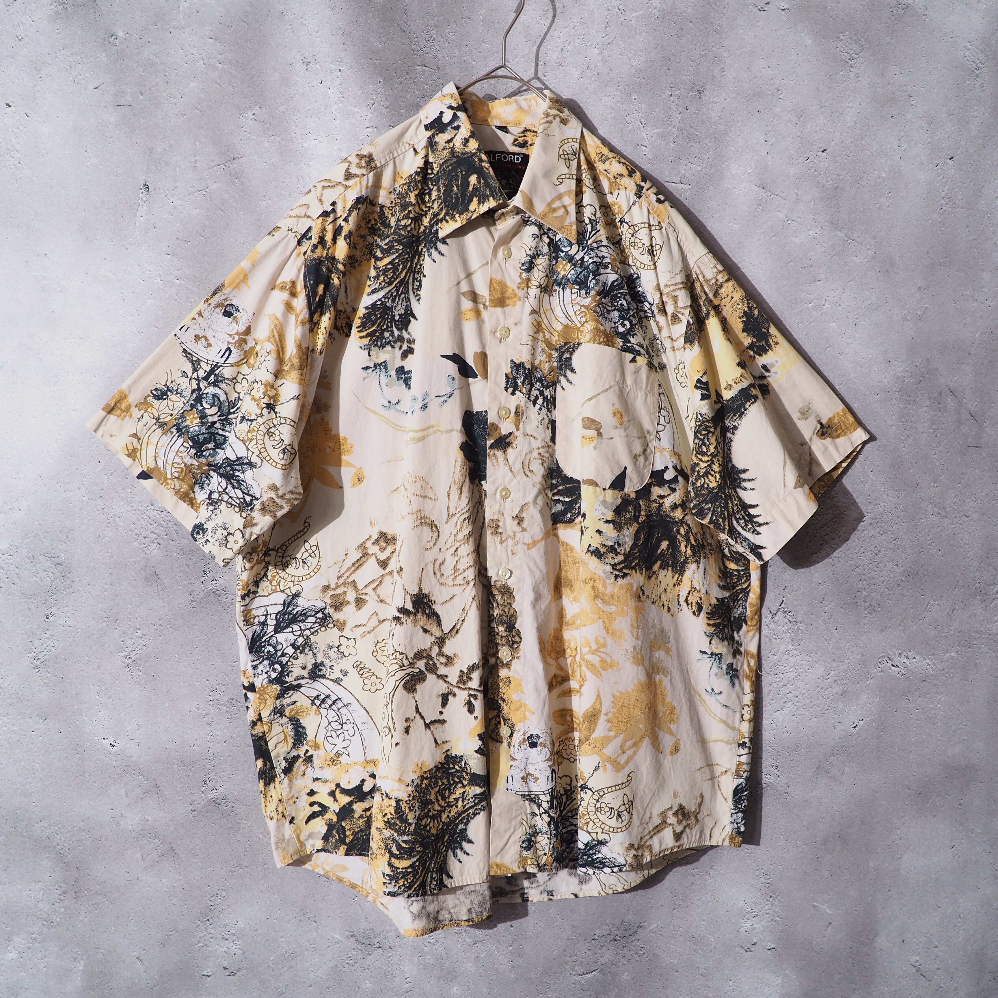 Modern retro flower printed pail tone cotton loose shirt