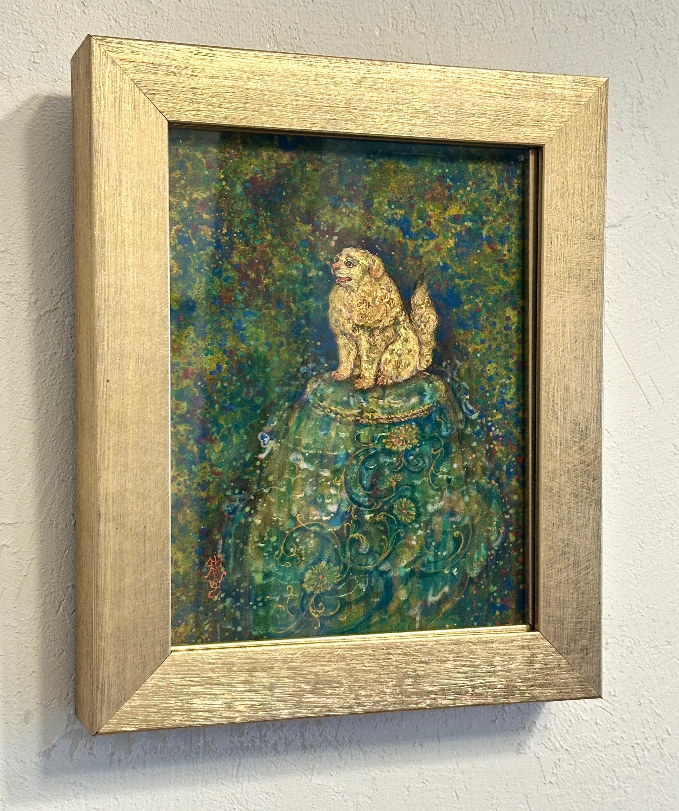 泉を守る黄金の獅子《獅子の泉》日本画 原画 額装｜岩絵具・金箔 中井