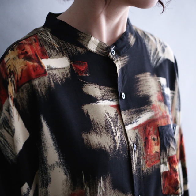 good coloring art pattern XXXXL wide over silhouette h/s band-collar shirt