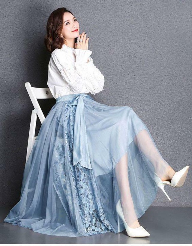 送料無料 未使用 フォーマル チュ－ル マキシ丈 フレアー スカ－ト フリー F [SKN9434]