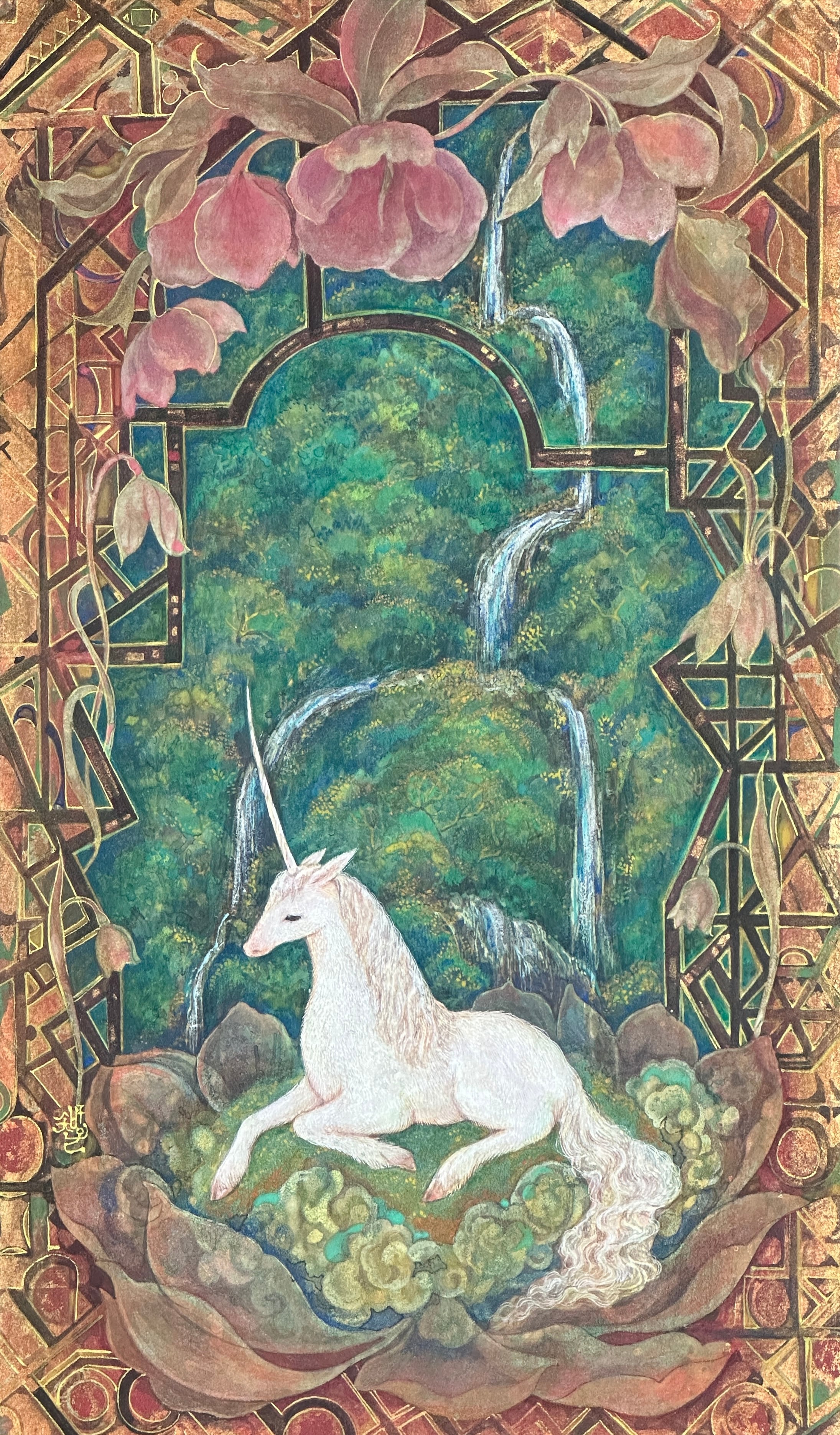 一角獣が宿る《神話の窓》滝と幻想の日本画 原画 額装｜純金箔・岩絵具
