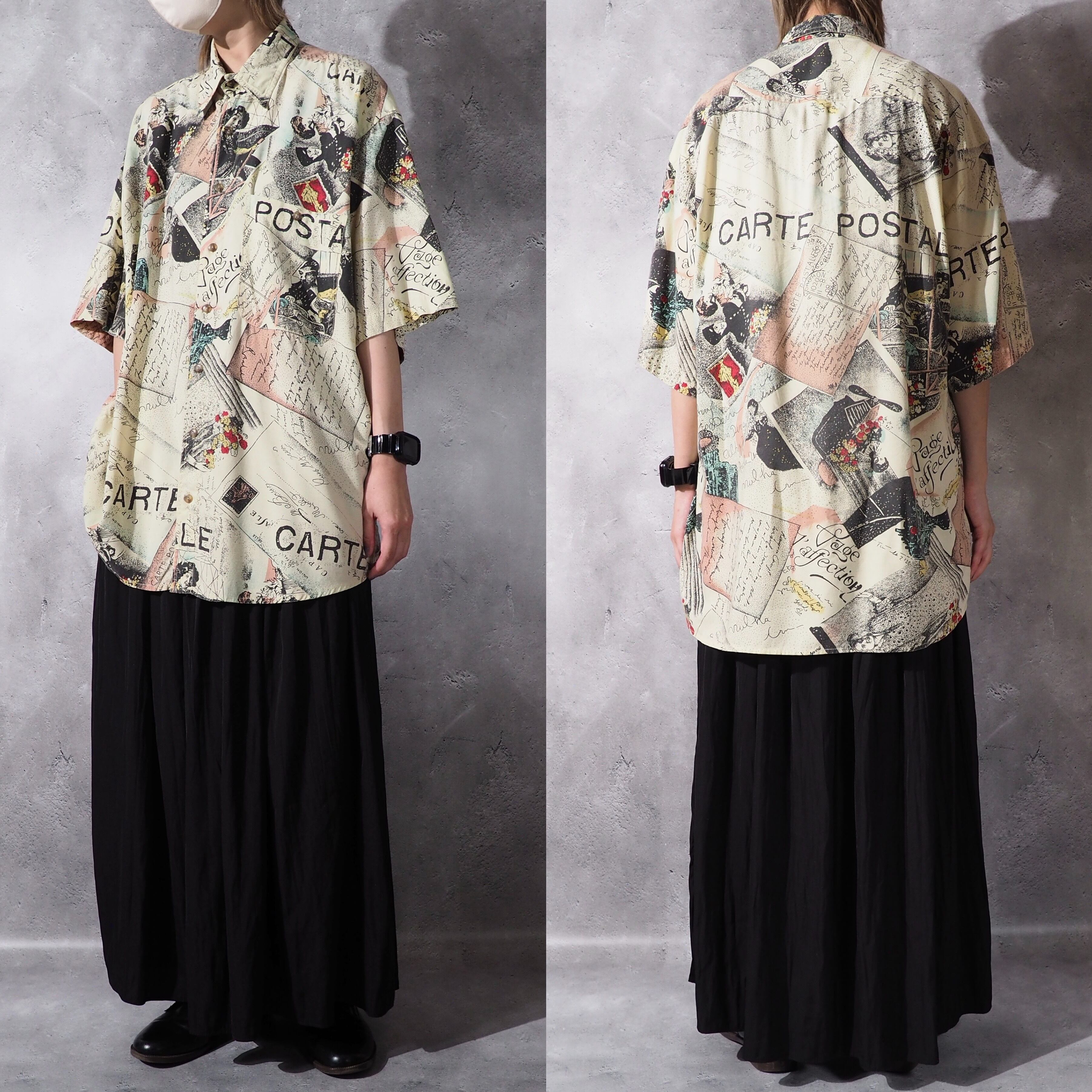 1980-90s letter paper art design vintage rayon shirt