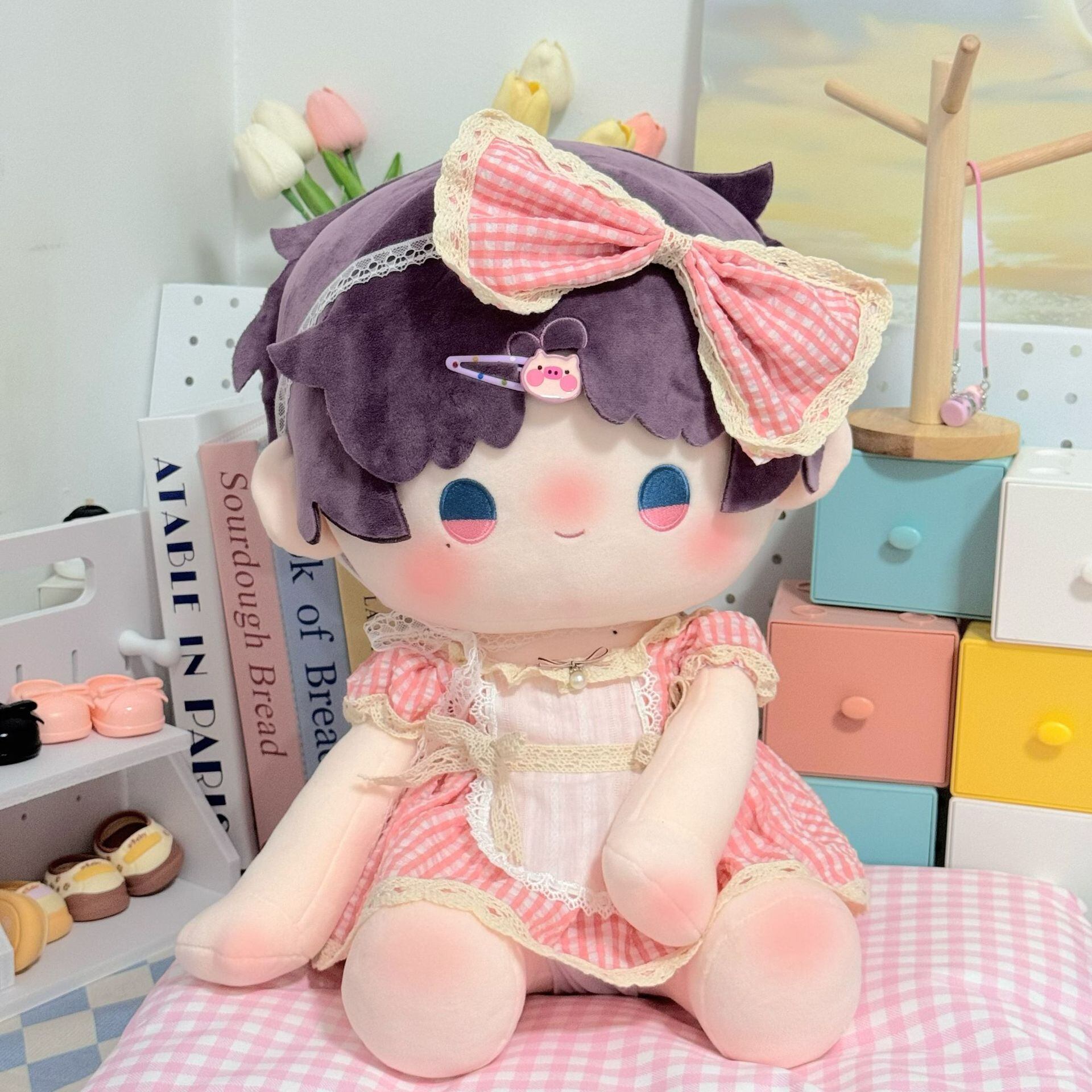 40cmぬいぐるみ用 チェックエプロンワンピース+リボンヘアアクセサリー