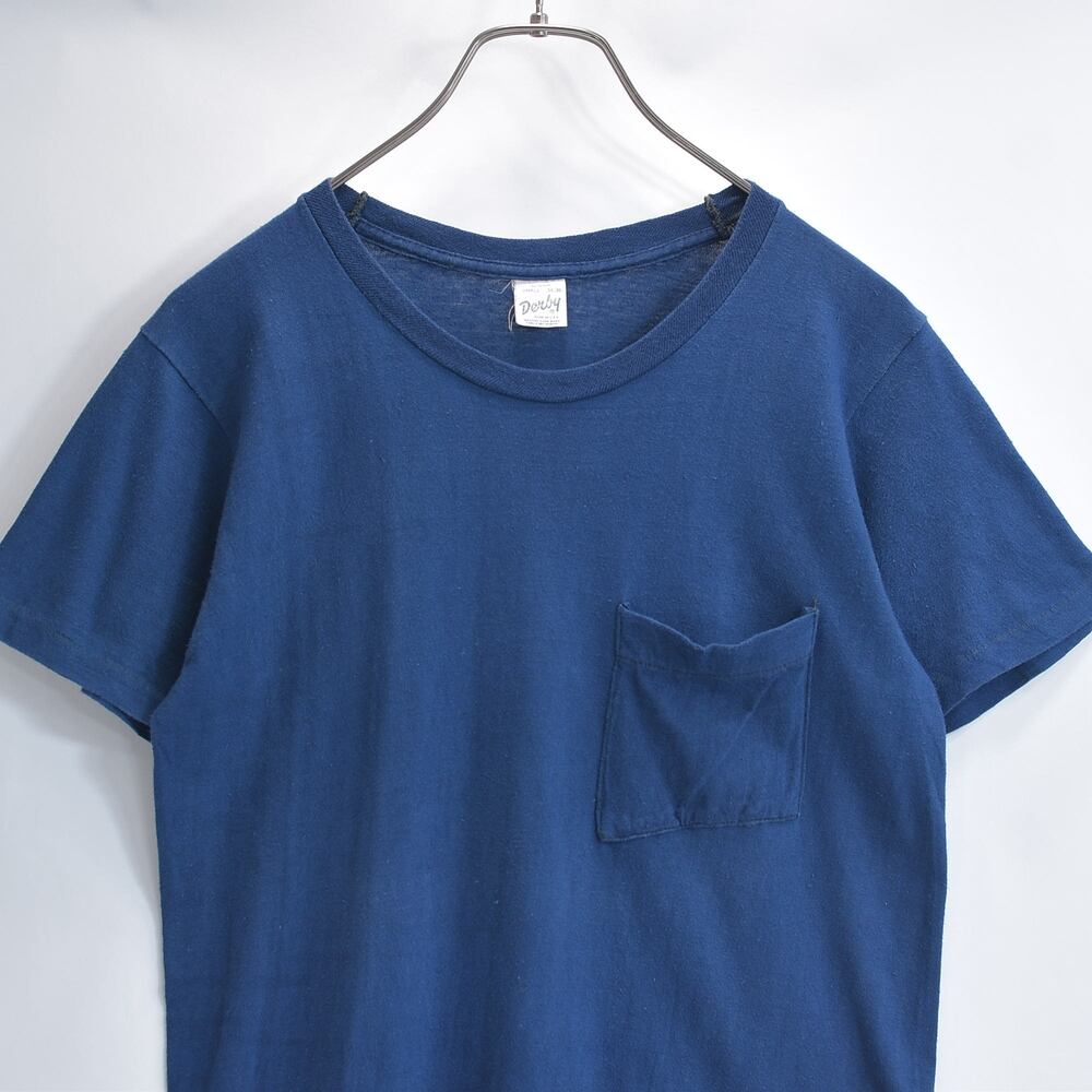 70s USA製 Derby ダービー ポケットTシャツ シングルステッチ 無地 クルーネック USED ヴィンテージ ビンテージ 古着 レディース S 34-36 ネイビー
