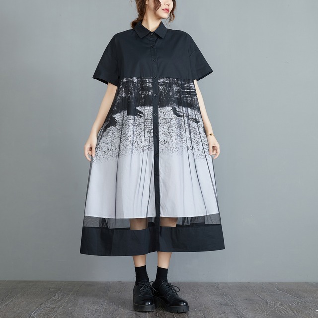 MESH LAYERED A-LINE LONG SHIRT DRESS 1color M-5130