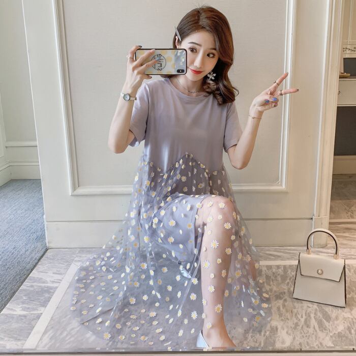 【新作】【送料無料】 マタニティドレス2020夏の新しいメッシュ小さなデイジーフェイクツーピースドレスミドル丈マタニティドレス-アリババ サマー 夏物 expec234812076794