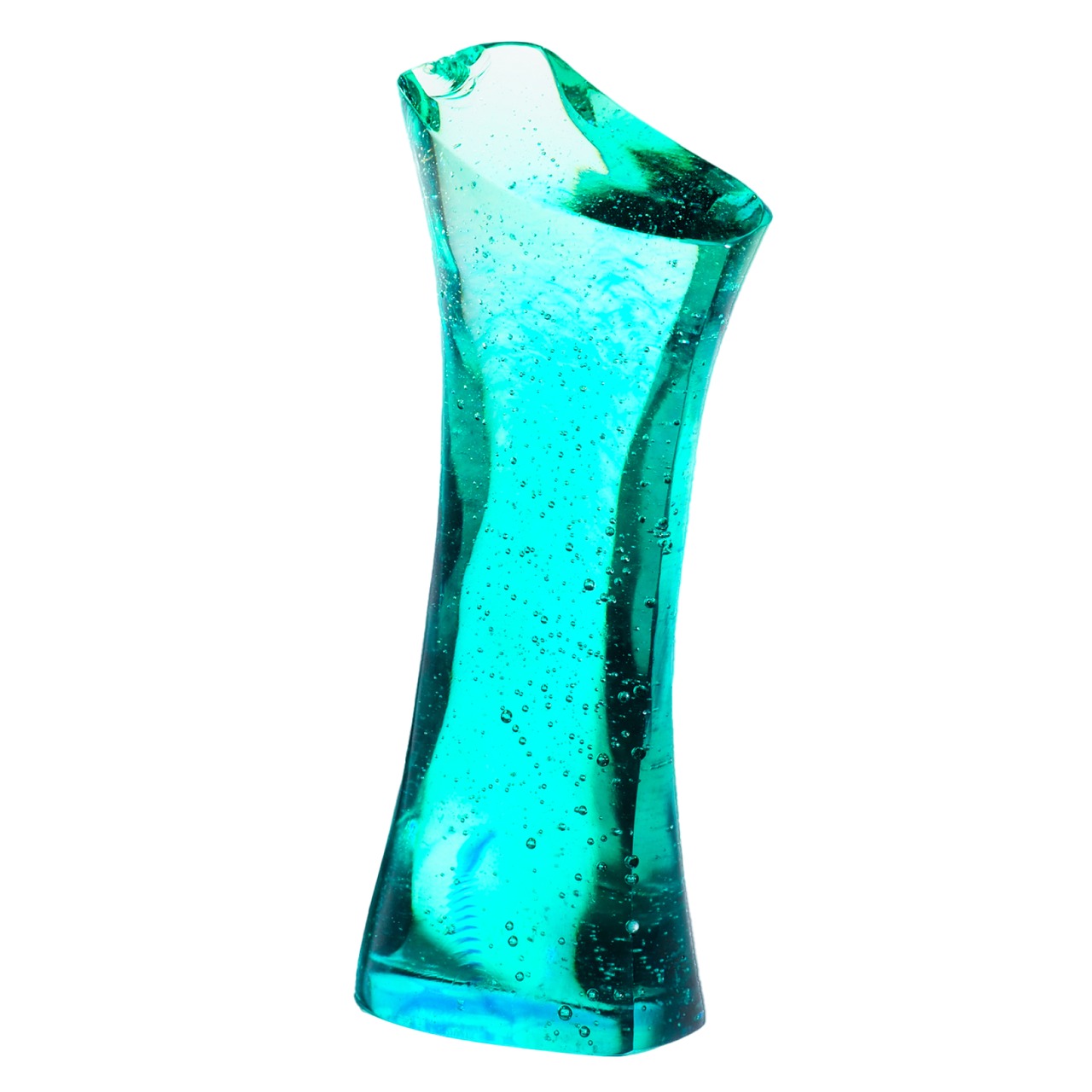 A streamlined, turquoise-blue glass object