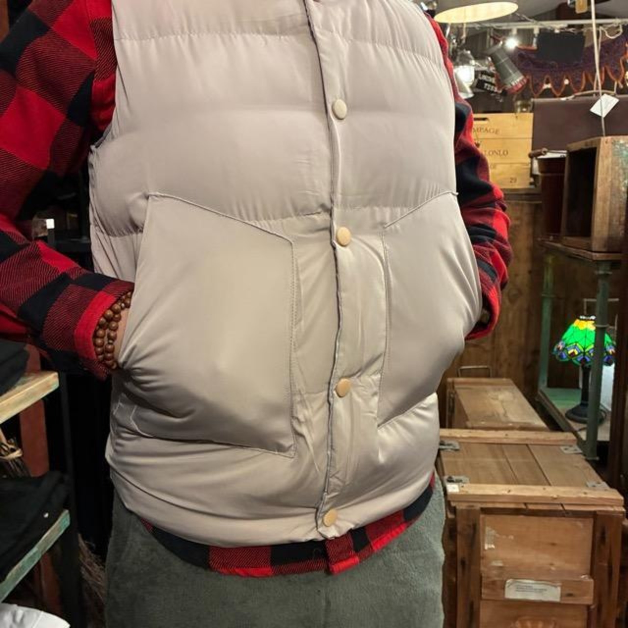 TOPANGA Men's Patch Button Hooded Vest Greige Quilting with hood Outer