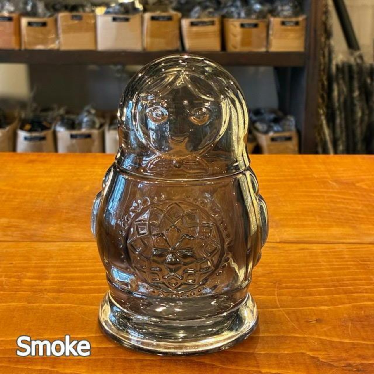 Matryoshka Jar 4 colors available: Red, Smoke, Orange, and Blue. Canister, candy container, glass jar.