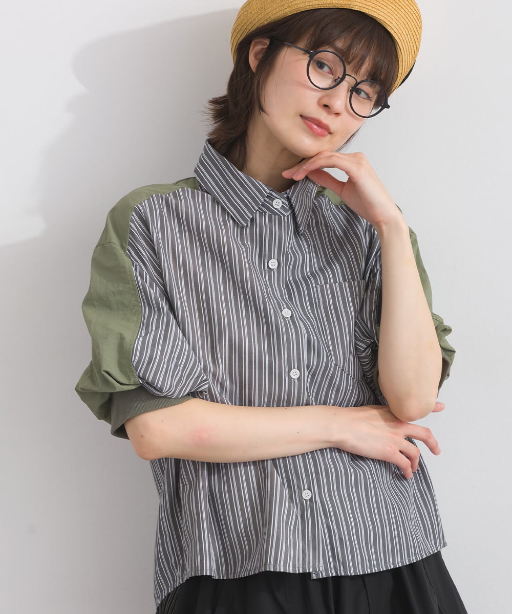 D262112 配色ストライプブラウス / Color Block Stripe Relaxed Blouse