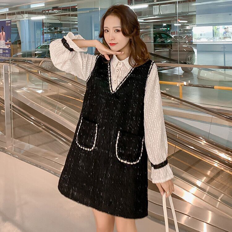 【新作】【送料無料】 マタニティウェア2020春秋新商品ルーズでフェイクのツーピースAラインドレスファッションラペルミドル丈ナーシングスカート-アリババ スプリング 春物 オータム 秋物 expec210276672622