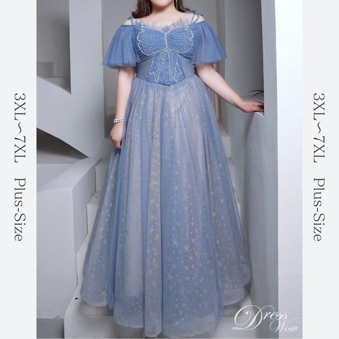 【3XL〜7XL】星柄リボンデザインチュールドレス D1616