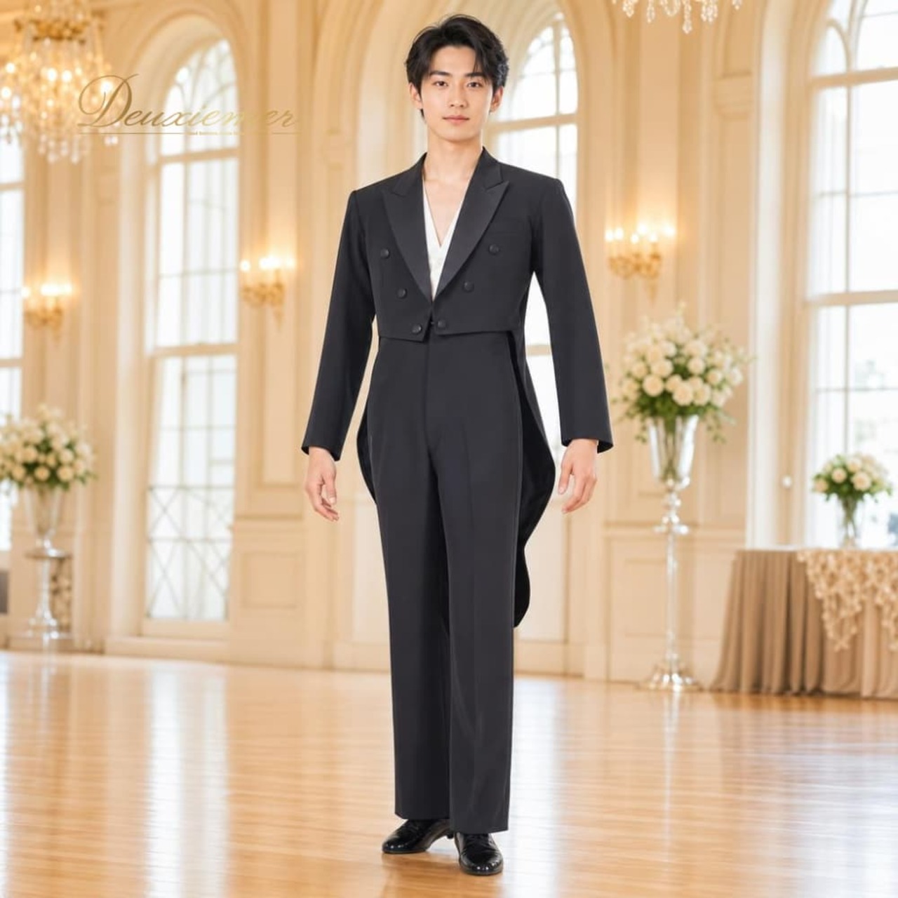 社交ダンス 衣装 ツーピース セットアップ 燕尾服 ジャケット スラックス スタンダード ブラック系 黒 メンズ 男性 フォーマル 発表会 サスペンダー ダンスウェア 舞台衣装 ドレスコード 結婚式 二次会 競技