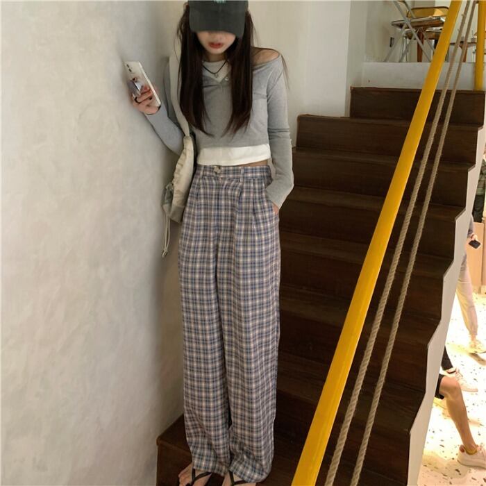 パンツ 格子柄薄手サマールーズ ハイウェスト 夏物 モンロー77027008228