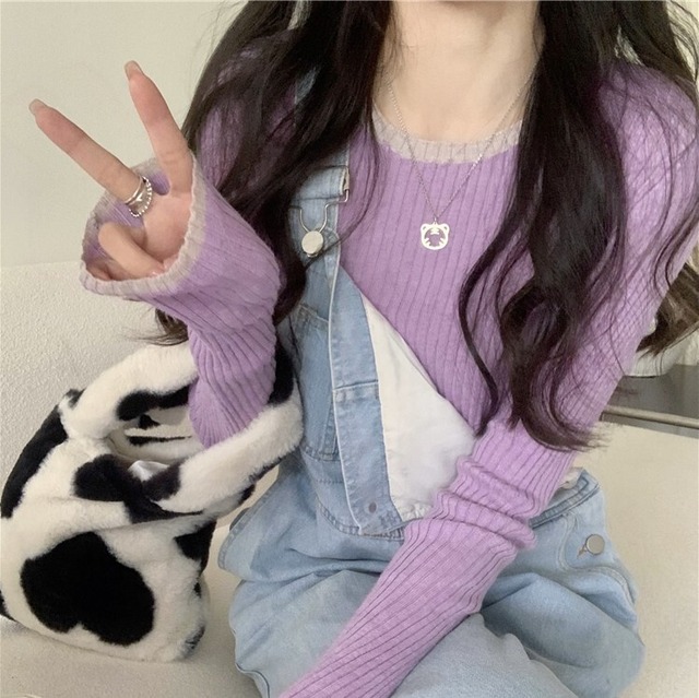 トップス レディース ニット セーター 長袖 ラウンドネック スリム タイト 細身 リブ かわいい 大人可愛い きれいめ シンプル カジュアル エレガント 清楚 シック おしゃれ 綺麗 クール おとな ナチュラル こなれ感 ラフ ガーリー 抜け感 存在感 無地 OL 通勤 学生 通学 デート お出かけ 女子会 散歩 S M L XL パープル ベージュ ピンク カーキ グレー バイカラー 春 秋 冬 10代 20代 30代 40代 韓国 韓国系 着回し 普段使い 重ね着 ファッション モテ 送料無料