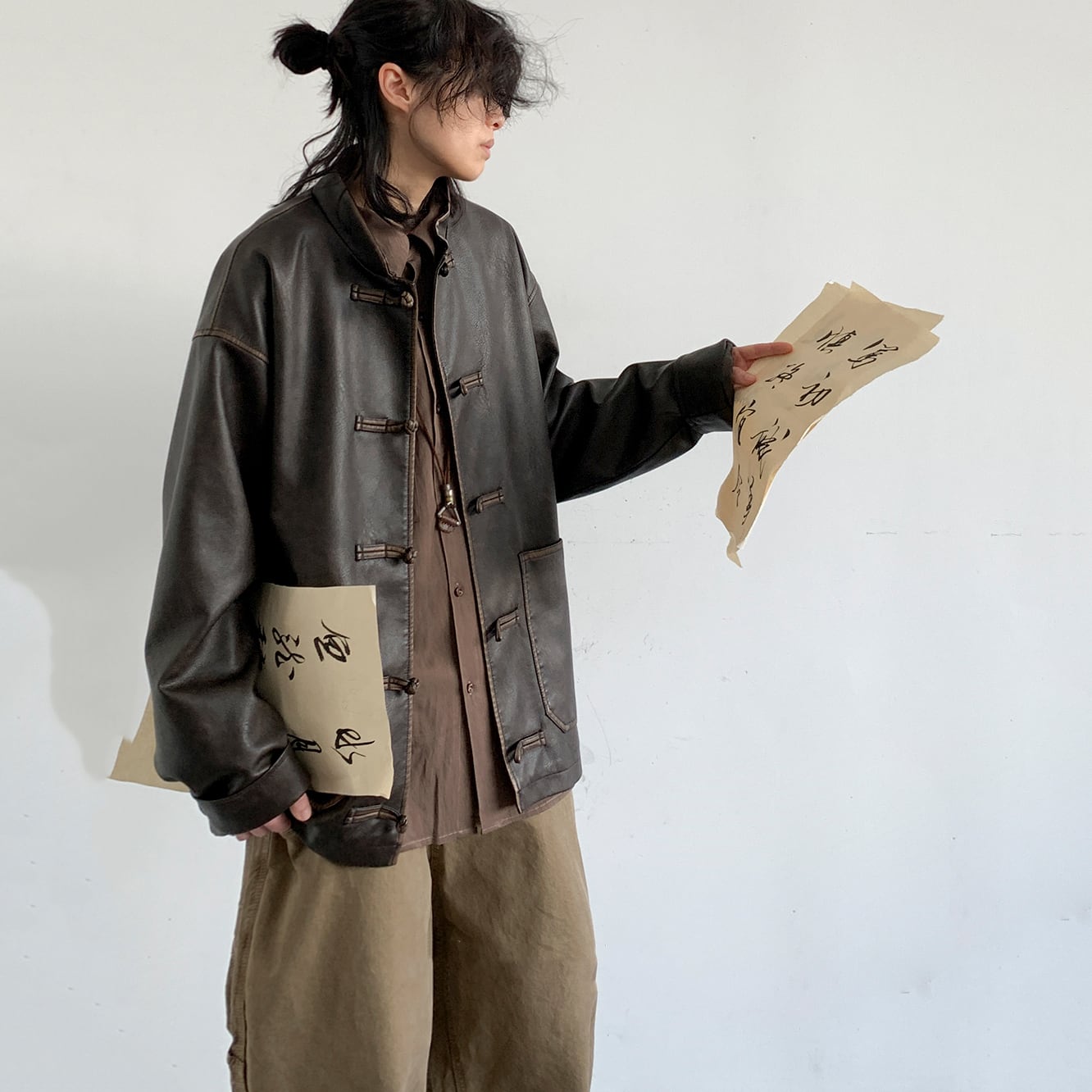 jiwuusレトロチャイナ風レザージャケット | mblueshop