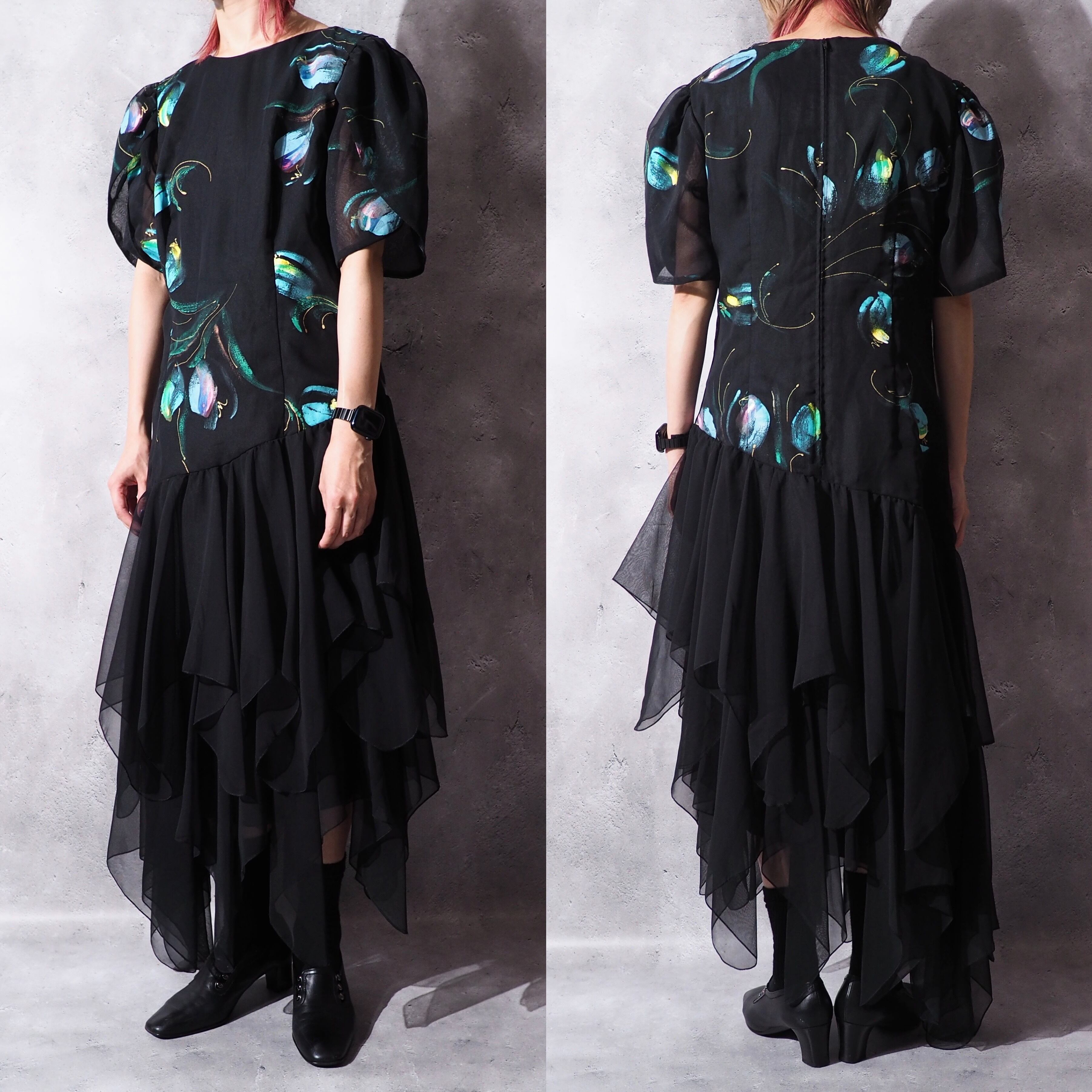 cold flower painted × asymmetry frill vintage onepiece dress