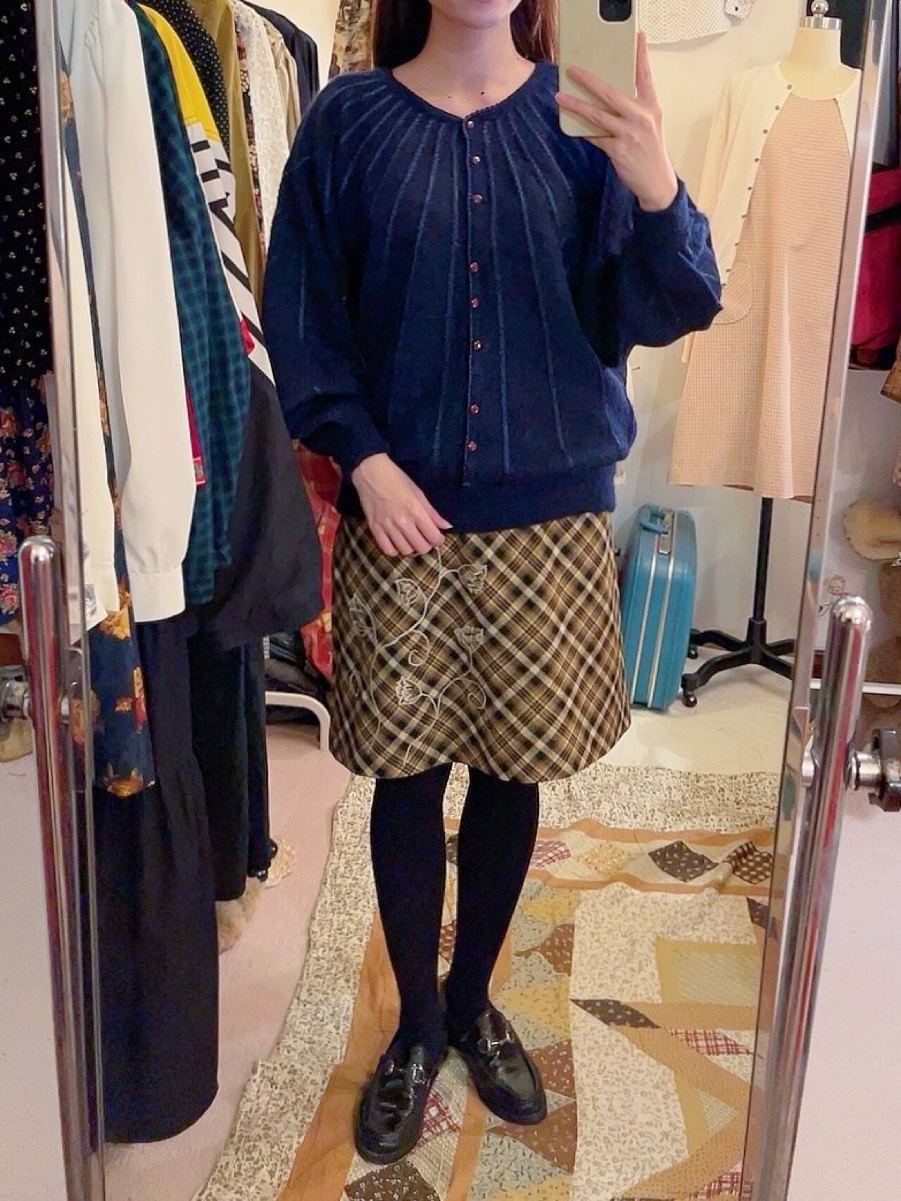 flower embroidery check mini skirt