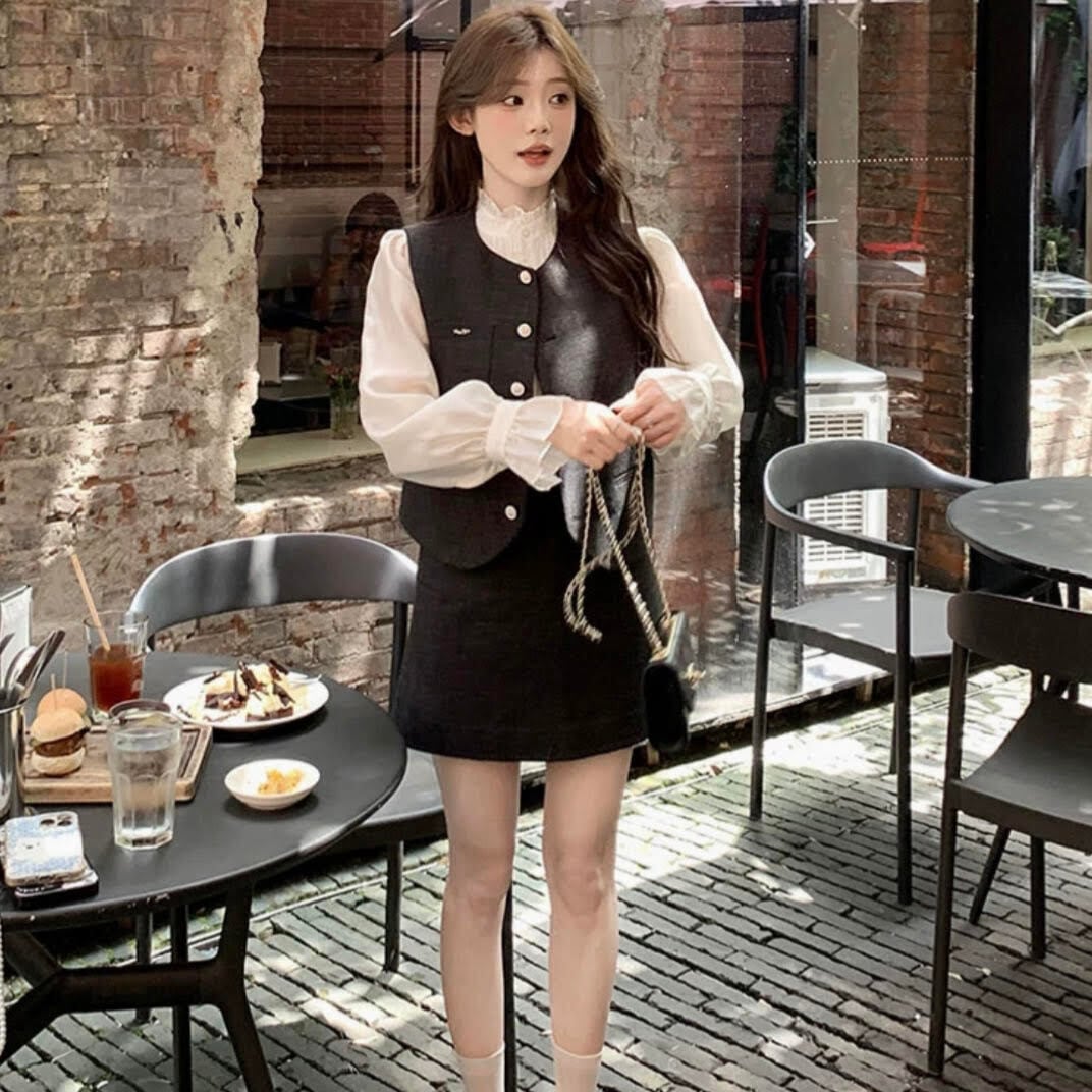 セットアップ ベスト ノースリーブ ラウンドネック 前開き シャツ 長袖