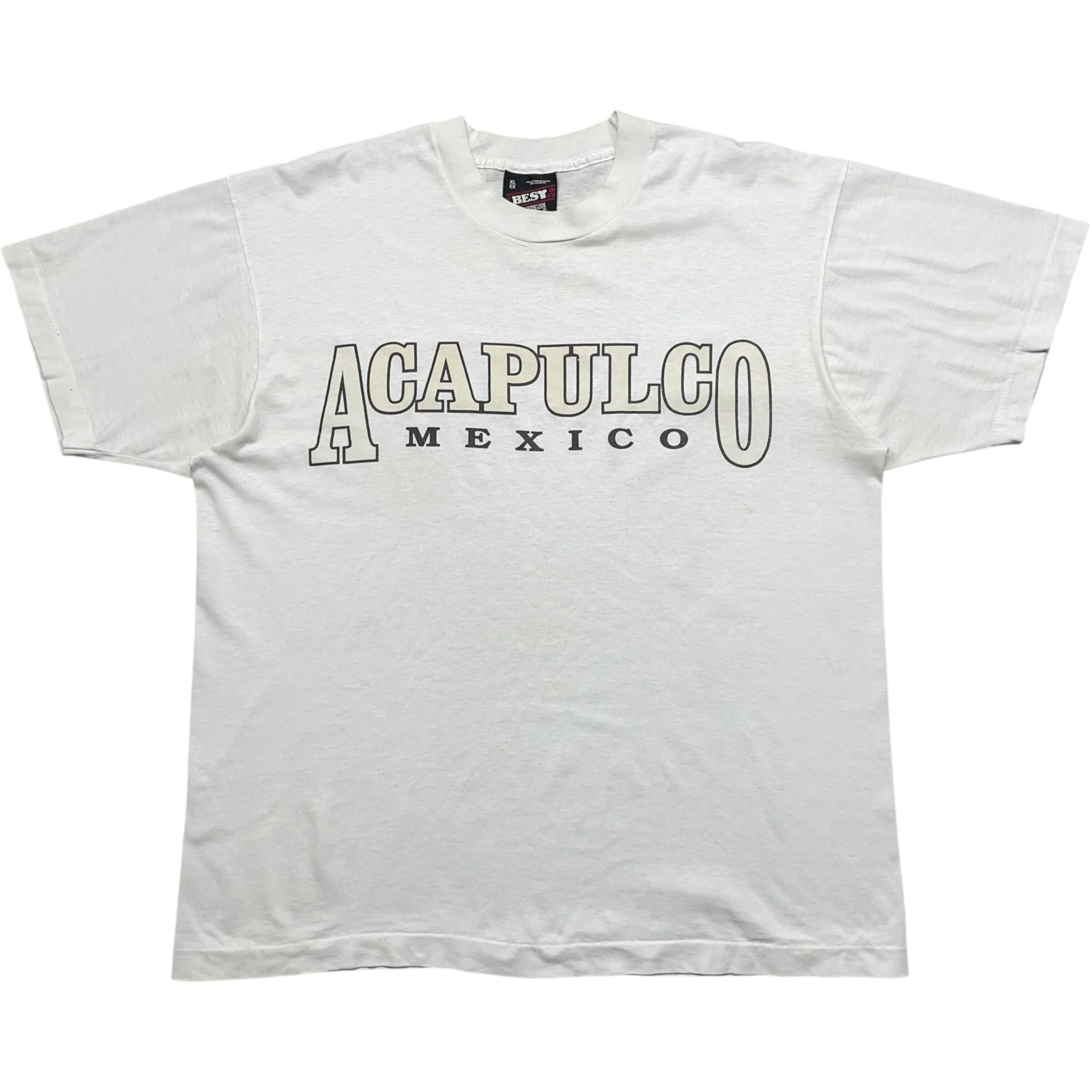 《XL》FRUIT OF THE ROOM フルーツオブザルーム Tシャツ フロントプリント ACAPULCO ダメージ ホワイト シングルステッチ USA製 90年代 vintage no.8326