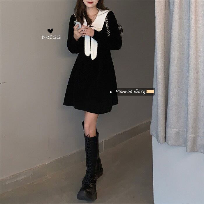 スタンダードコーデュロイドレス オータムウィンタースカート ブラックショート レトロ 秋物 冬物 モンロー26929284253