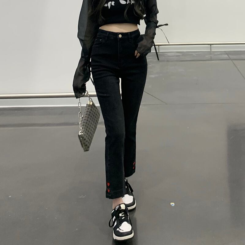 スリムクロップドスプリングオータムブラックハイウェストジーンズ パンツ 春物 秋物 モンロー32698043276