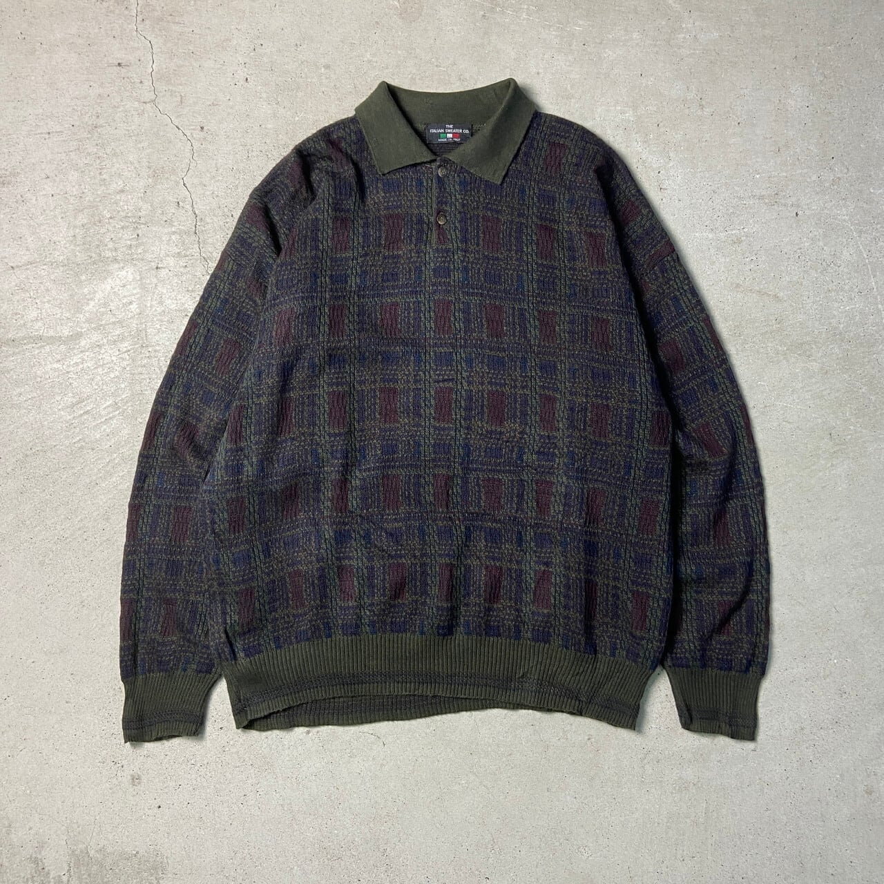 80～90年代 イタリア製 ユーロ THE ITALIAN SWEATER CO. ニットポロセーター アクリル×ウール 総柄 メンズ2XL相当 古着  80s 90s ヴィンテージ ビンテージ カーキ オリーブグリーン 【ニットセーター】 | cave 古着屋【公式】古着通販サイト