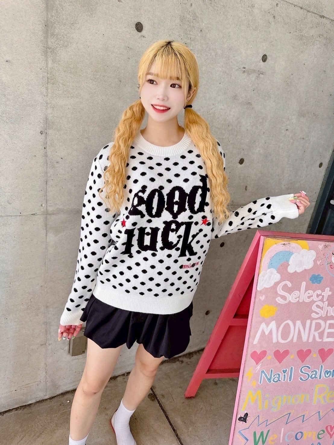 Black&whiteドットニットトップス♡/韓国/レディースファッション/可愛い/おしゃれ/ラフ/カジュアル/春/秋(6-218)