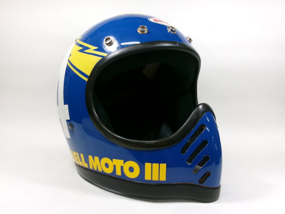 最初期! 70s BELL MOTO 3 青x黄 7 1/4 目深加工済み M☆ ベル モト3 