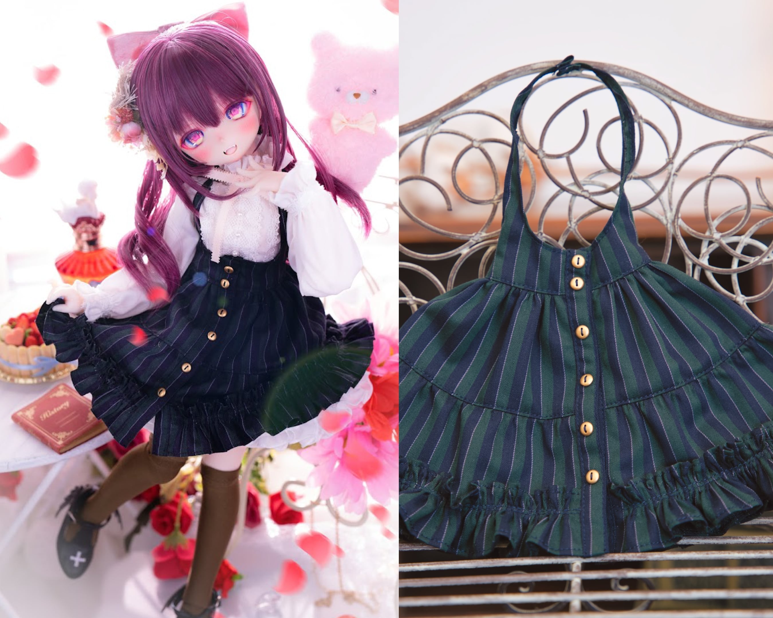 MDD対応OF【おしゃまティアードジャンパースカート（レジメンタル緑色）】MDD Outfit【Oshama Tiered jumper  skirt(regimental stripe green)】 | ナナイロテントウ powered by BASE