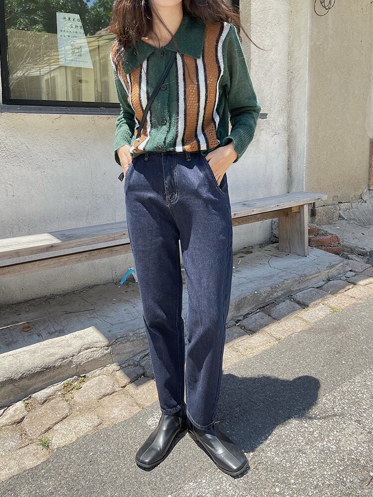 ダークブルースタンダードスタイルジーンズ オータムウェスト薄手パンツ レトロ ストリート 秋物 ビッグFスモールZ韓国30191367453