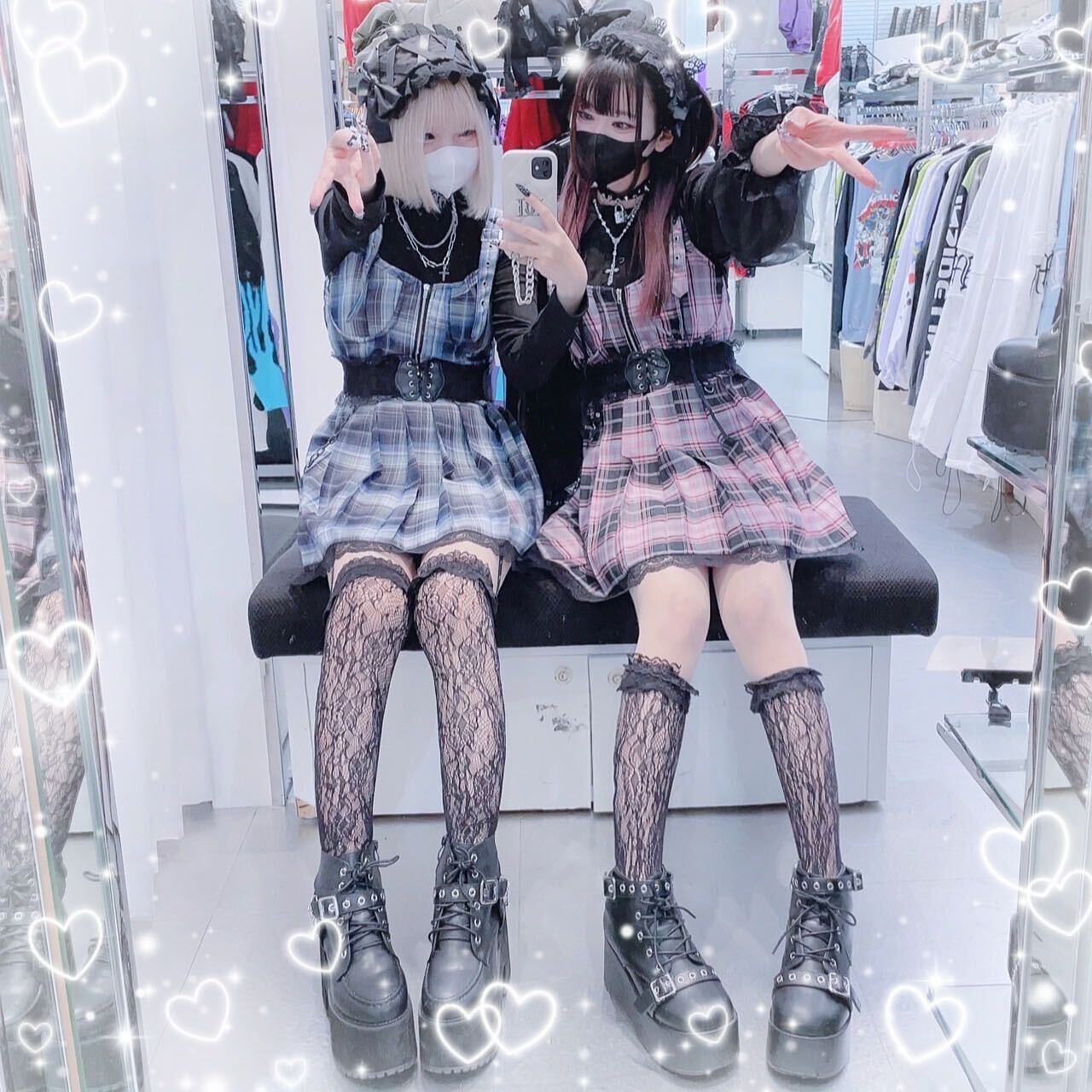 チェーン付き 肩ベルトチェックキャミワンピ(BLUE・PINK 