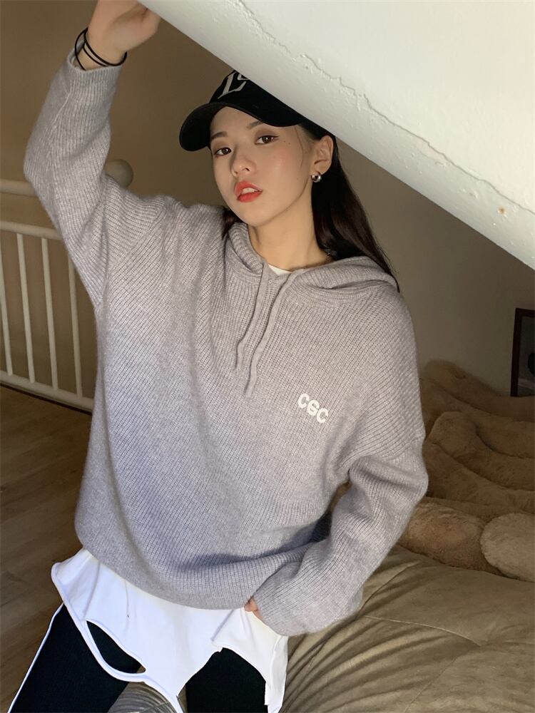 スタイルルーズグレーセーター ジャケット レディースオータムフード薄手プルオーバー トップス ロング 秋物 モンロー21689354576