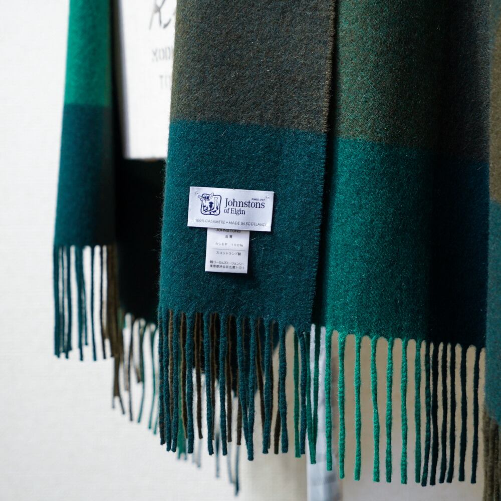 Johnstons カシミヤ大判ストール ブロックチェック グリーン | 中古