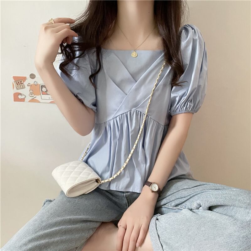 ショートカラーシャツ サマールーズスリーブトップス 夏物 スクウェア YY-ファッション4560485785