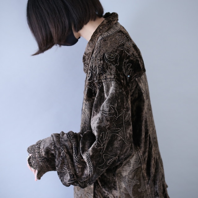 "刺繍" lathe switching and sequin decoration velours × weaving switching jacket