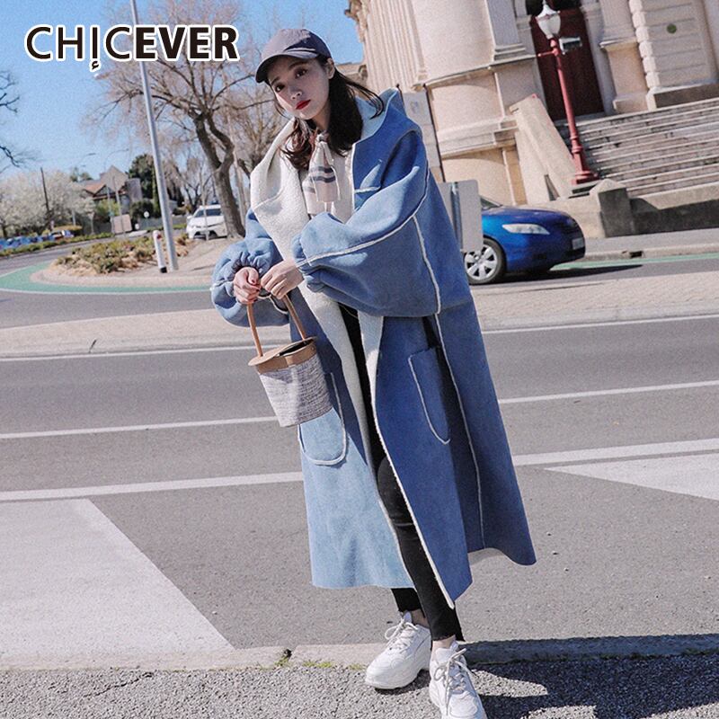 CHICEVERラムウールトレンチパーカーレディースフード付きカラー長袖パッチワークホーンボタンプラスサイズ厚手のコート2020タイド ロング 大きめサイズ 6base570532465992
