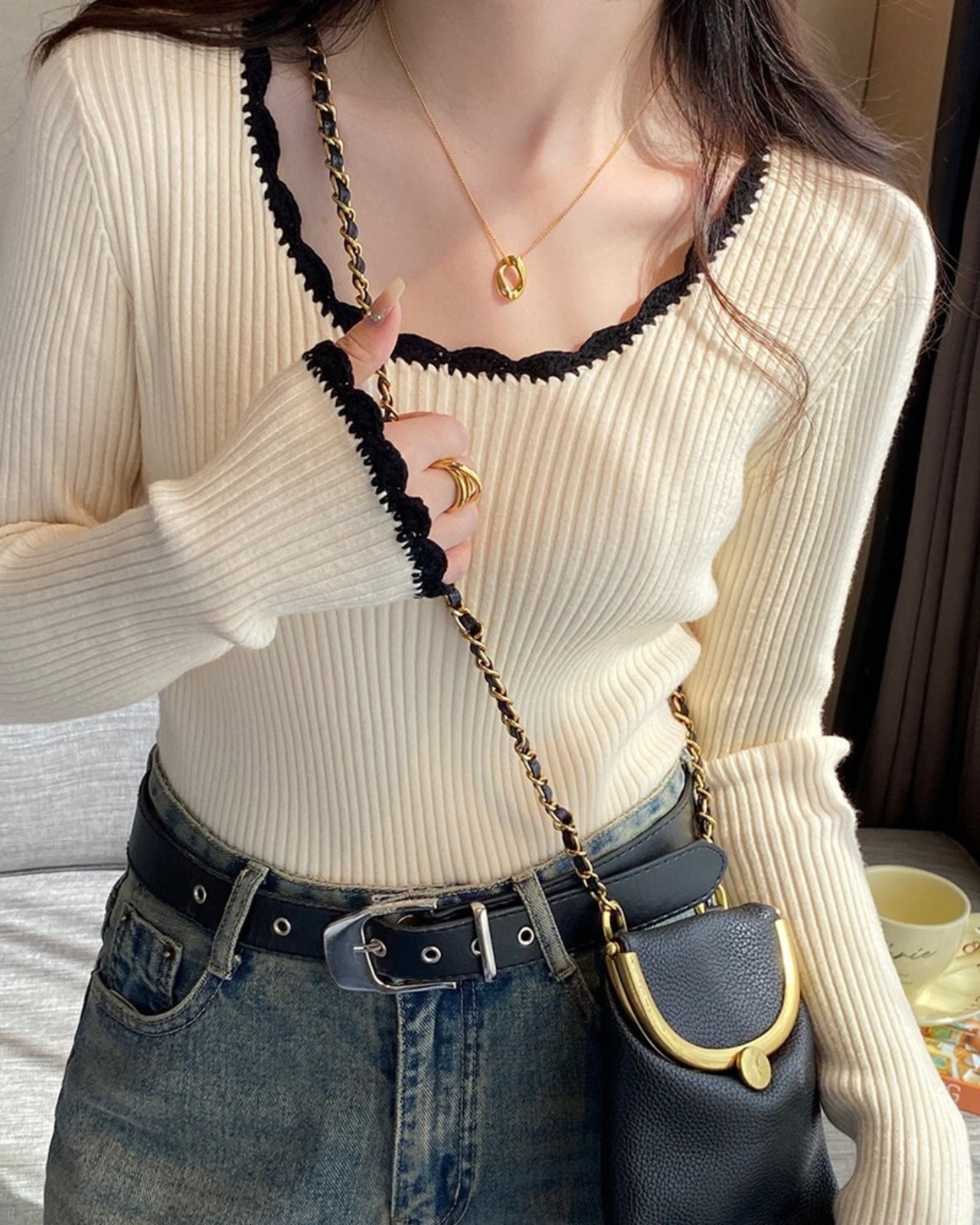 バイカラーリブトップス D1220