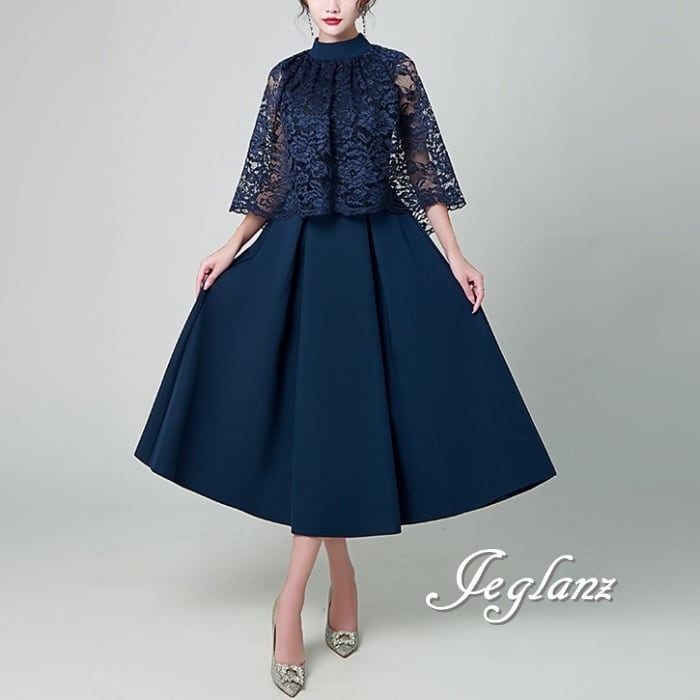 3色 パーティドレス ケープ 異素材 レース ハイネック 透け感 ♪( M8451)ζ