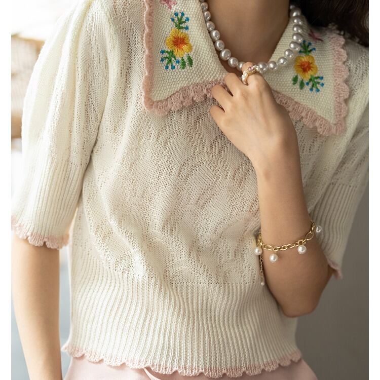 ポロシャツ風 花柄刺繍 半袖ニット 00212 | Mamma mia 50's