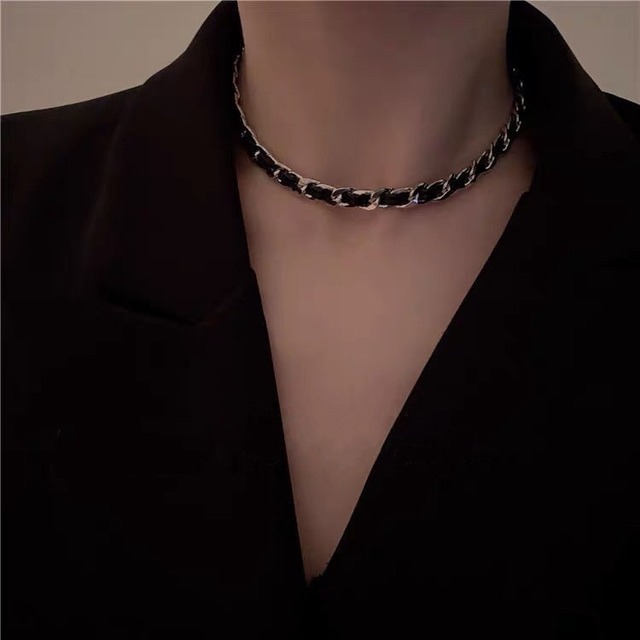 leather mix chain necklace bracelet＊M-49