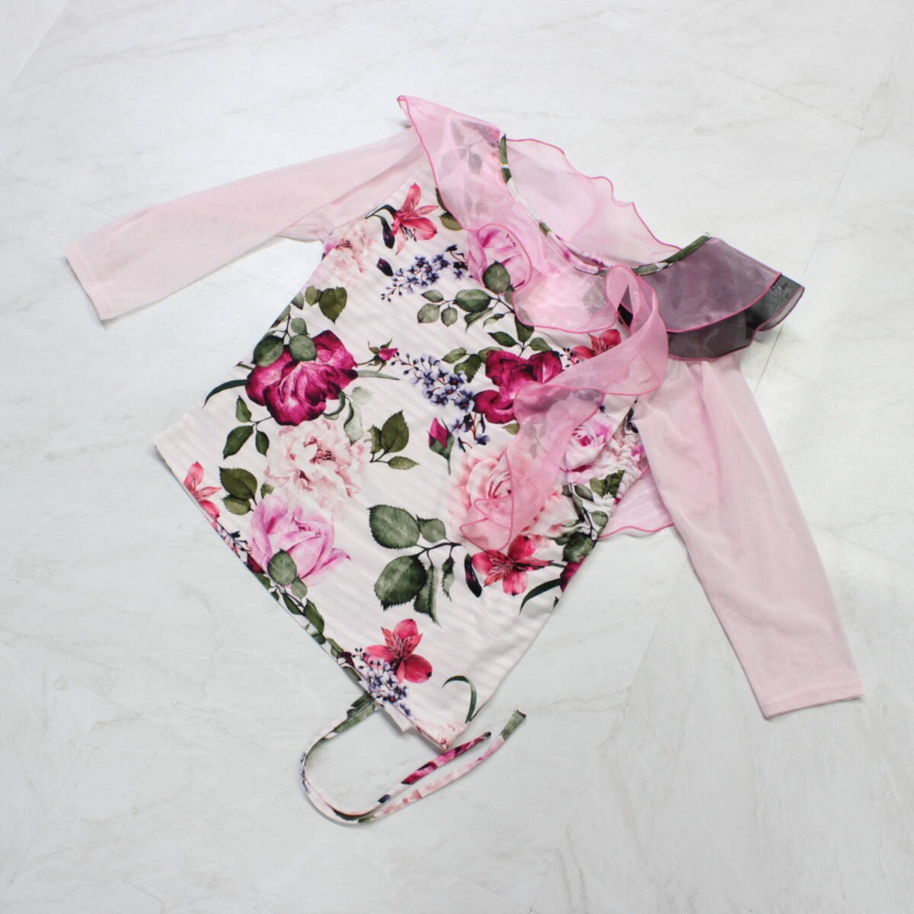 【美品 社交ダンス衣装】トップス レッスンウェア 練習着 union FASHION 白 ホワイト ピンク 花柄 紫 緑 パープル グリーン